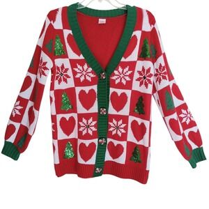 Holiday Time Cardigan Women XS Red Green Sequin Christmas Tree Heart Snowflake